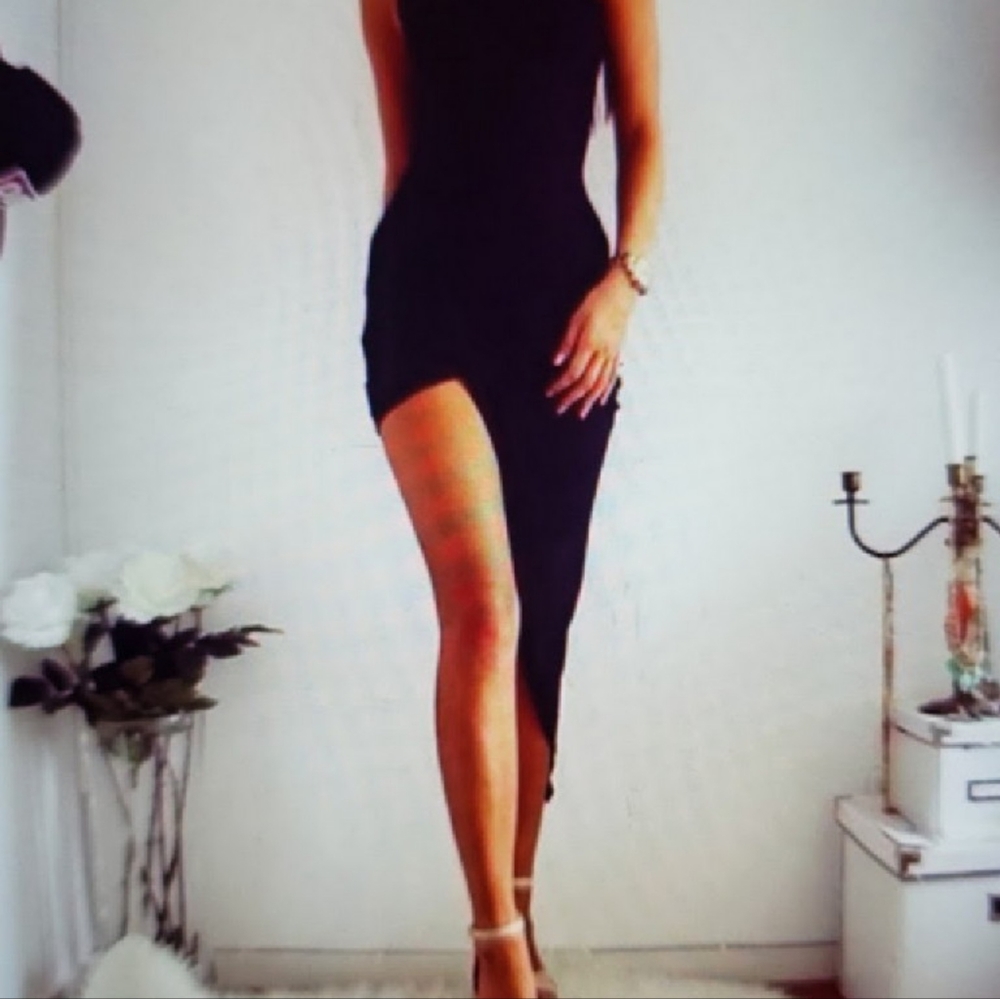 Sexy black long leg slit Bodycon Dress